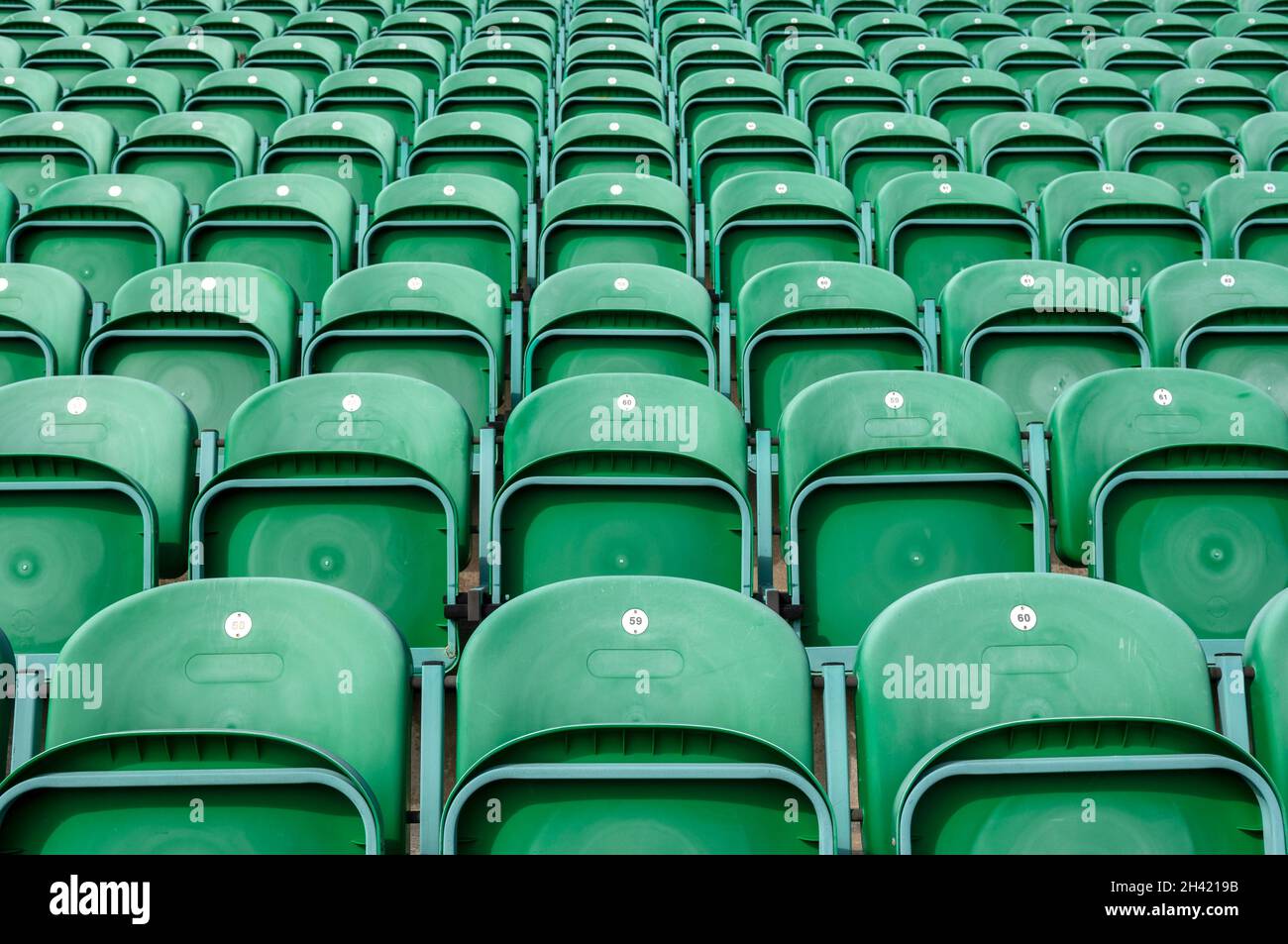 Sitzplätze im Sportstadion im Eastbourne International Lawn Tennis Center, Devonshire Park, Eastbourne, East Sussex, England, VEREINIGTES KÖNIGREICH. Stockfoto