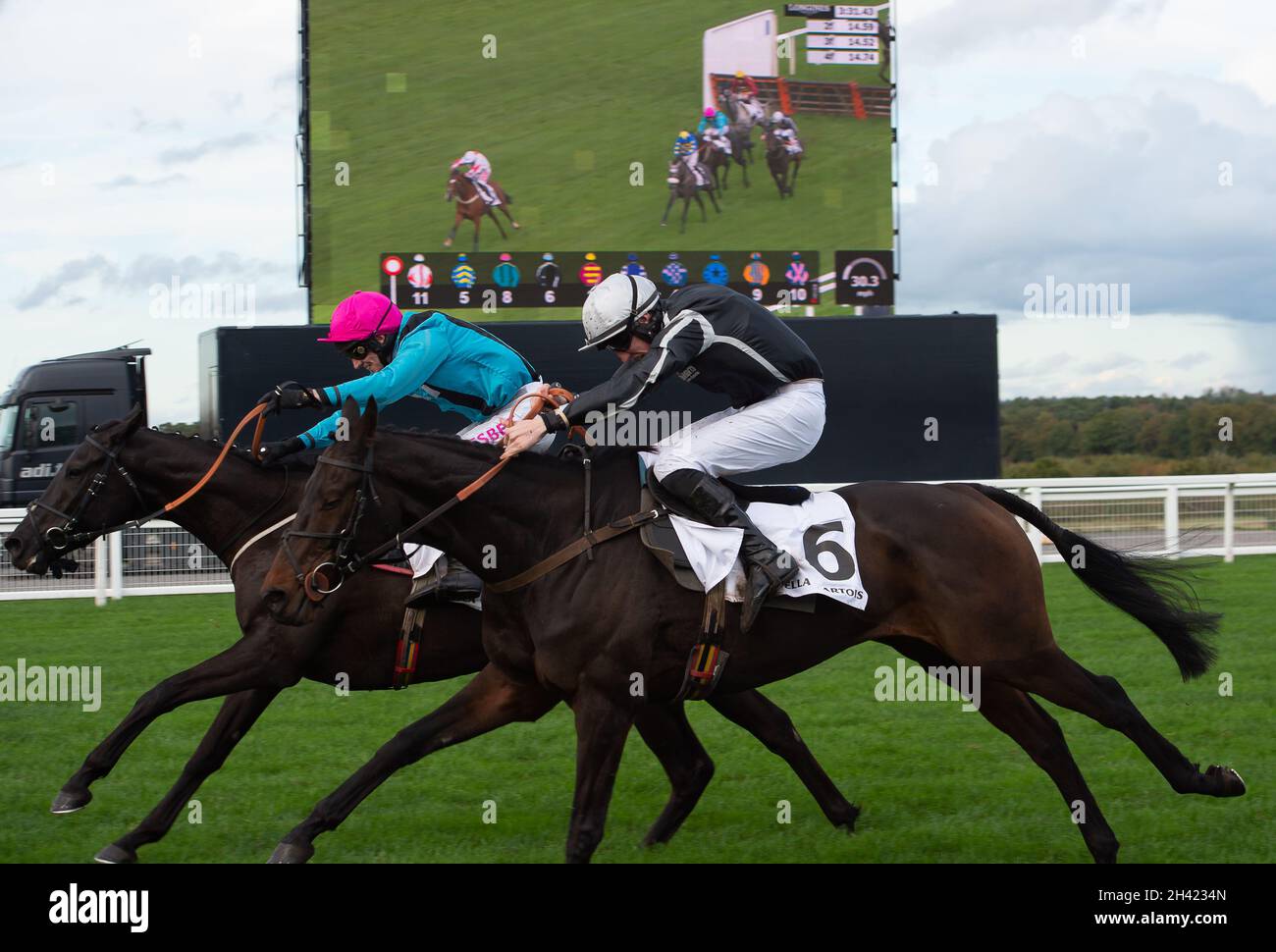 Ascot, Bergen, Großbritannien. 30. Oktober 2021. Jockey Paddy Brennan (rosa Mütze) Reitpferd Peking Rose und Jockey Ciaran Gethings (schwarze Seide) Reitpferd Mexiko im Stella Artois Novices' Hurdle Race (Klasse 3) (GBB Race). Quelle: Maureen McLean/Alamy Stockfoto