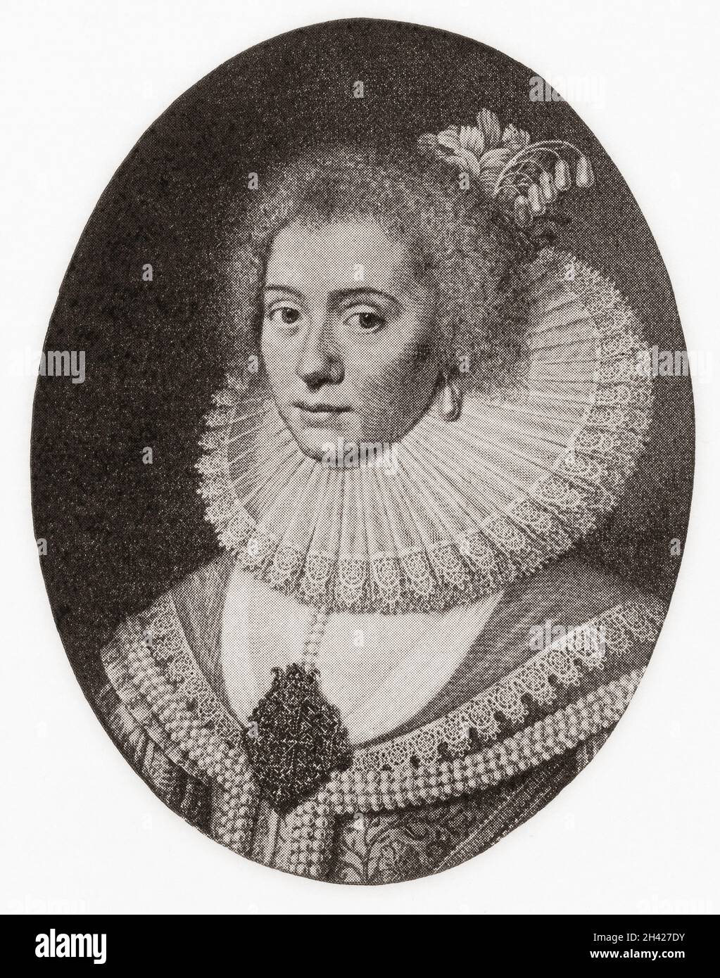 Elizabeth Stuart, 1596 – 1662. Kurfürtin der Pfalz und kurz Königin von Böhmen als Ehefrau Friedrichs V. von der Pfalz. Aus Modes and Manners, veröffentlicht 1925 Stockfoto