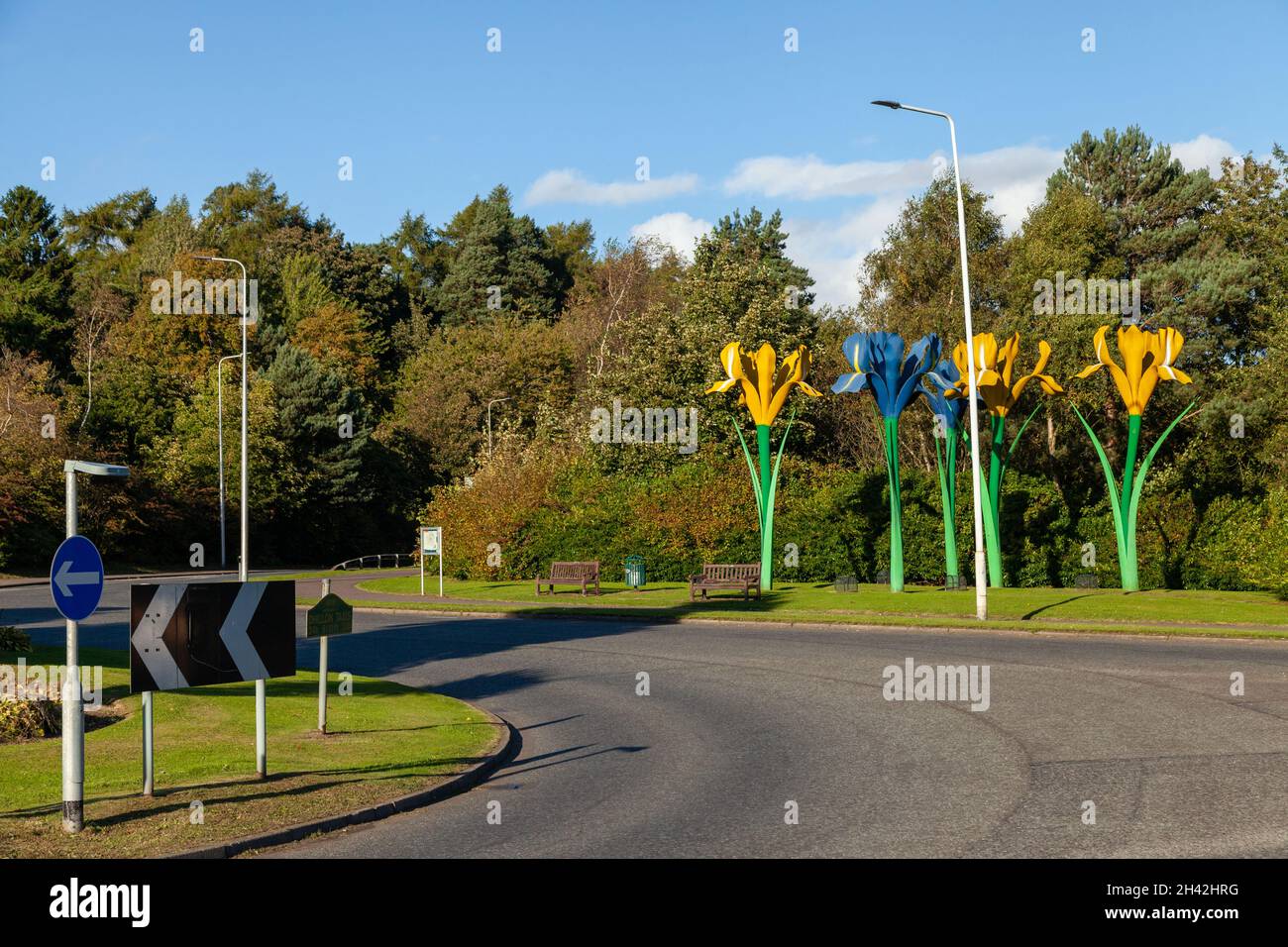 Giant Iris Flowers Skulptur von Malcolm Robertson in der Nähe eines Kreisel in Glenrothes, Fife, Schottland Stockfoto