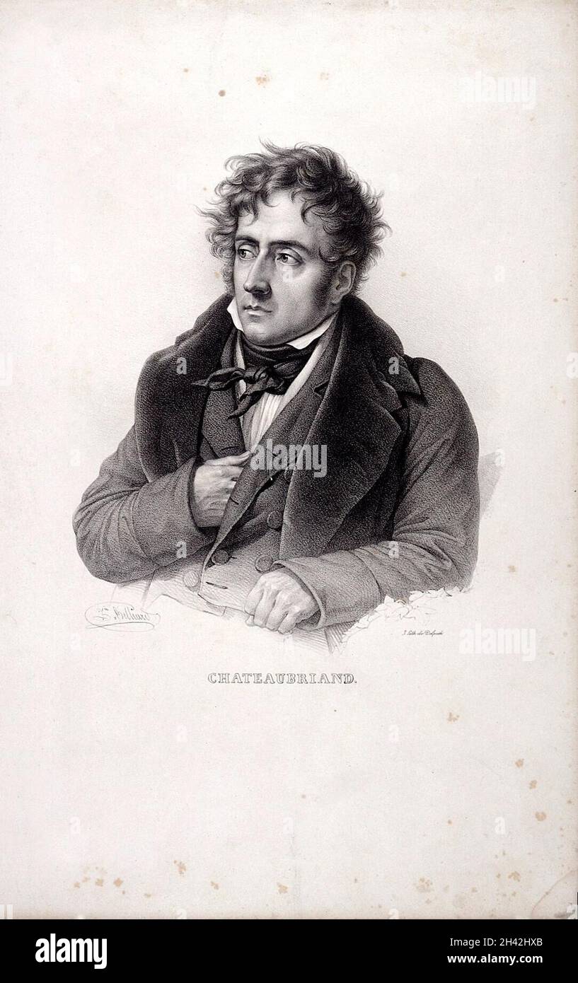 François-René, Vicomte de Chateaubriand (1768-1848). Lithographie von Zéphirin-Félix-Jean-Marius Belliard. Stockfoto