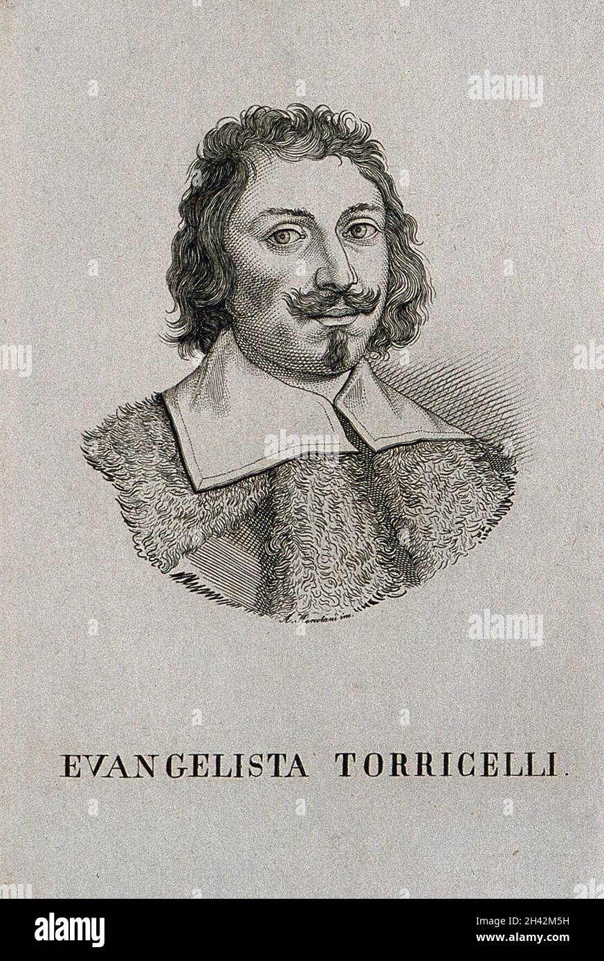 Evangelista Torricelli. Linienstich von S.L. Polaco. Stockfoto