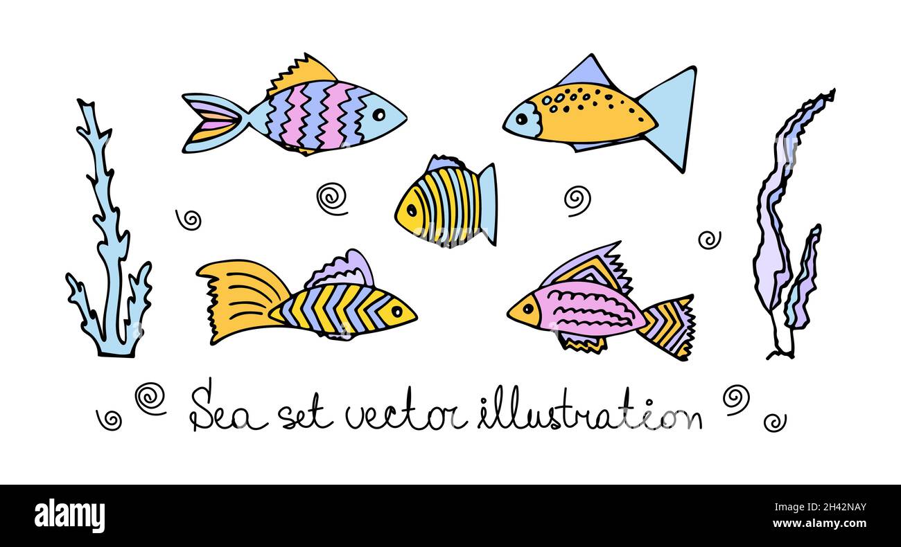 Set von bunten Fischen, Algen, Wellen. Vektorgrafiken für den Seeweg. Stock Vektor
