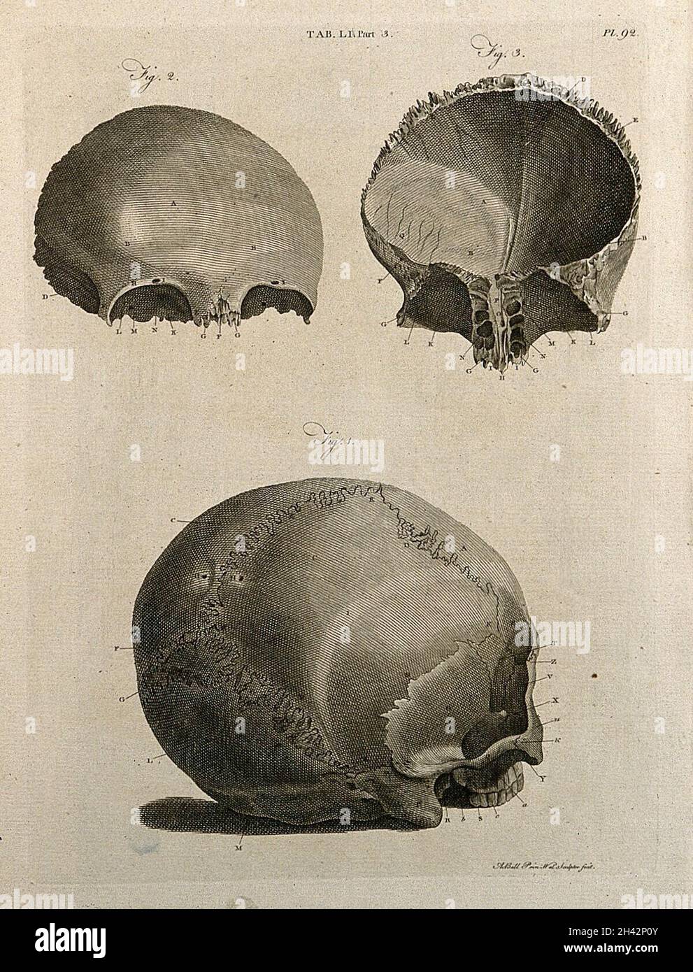 Schädelknochen: Drei Figuren. Linienstich von A. Bell nach J.-J. Die 1798-Jahre-Alt-In. Stockfoto