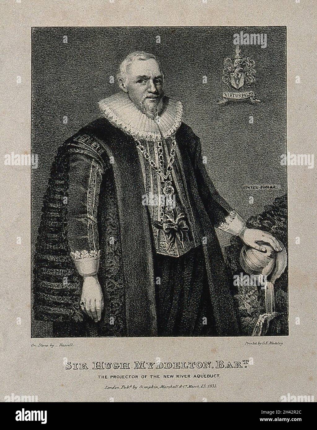 Sir Hugh Myddelton. Lithographie von Füssell, 1835, nach C. Johnson, 1632. Stockfoto