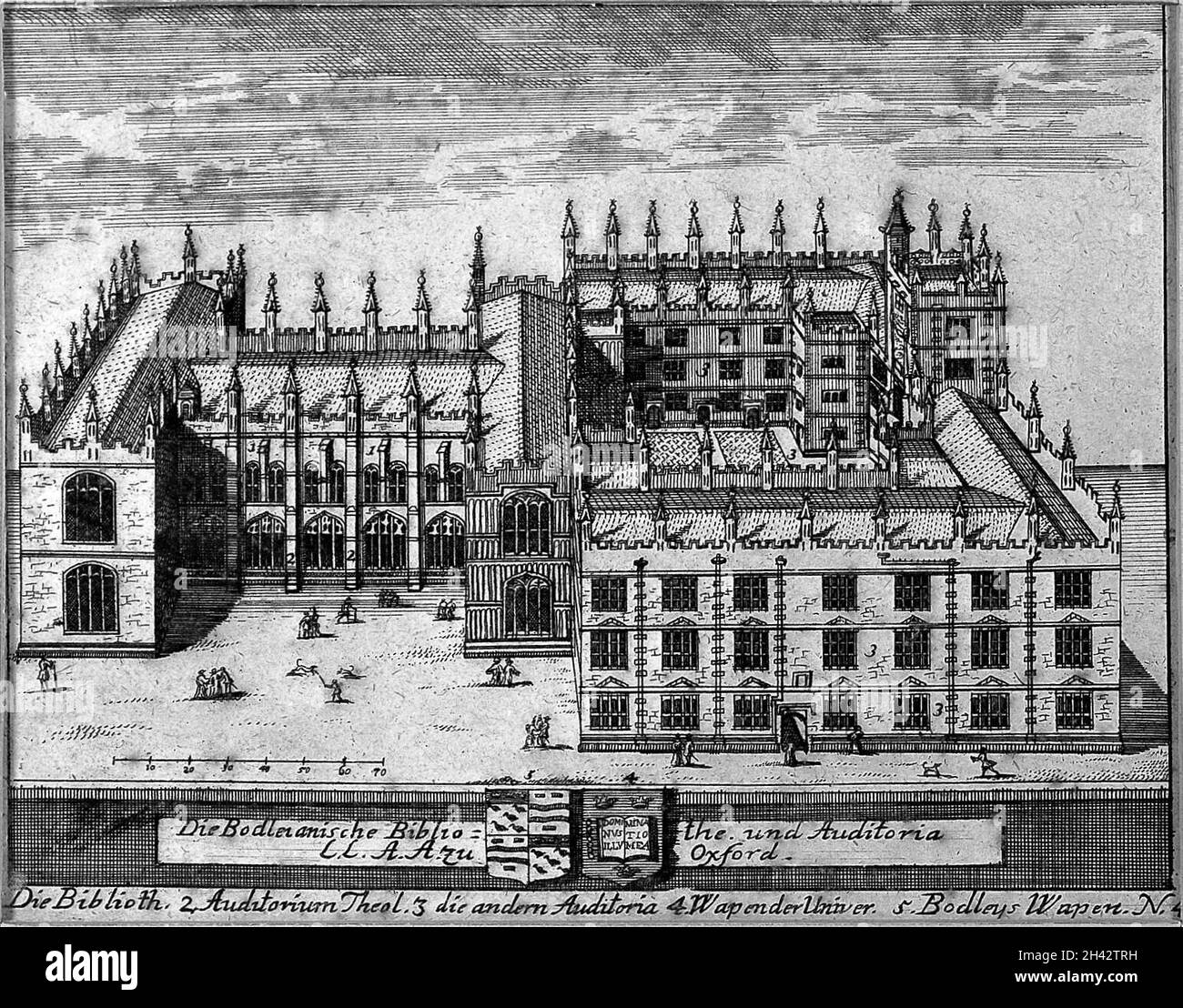 Bodleian Library, Oxford; Strichgravur. Stockfoto