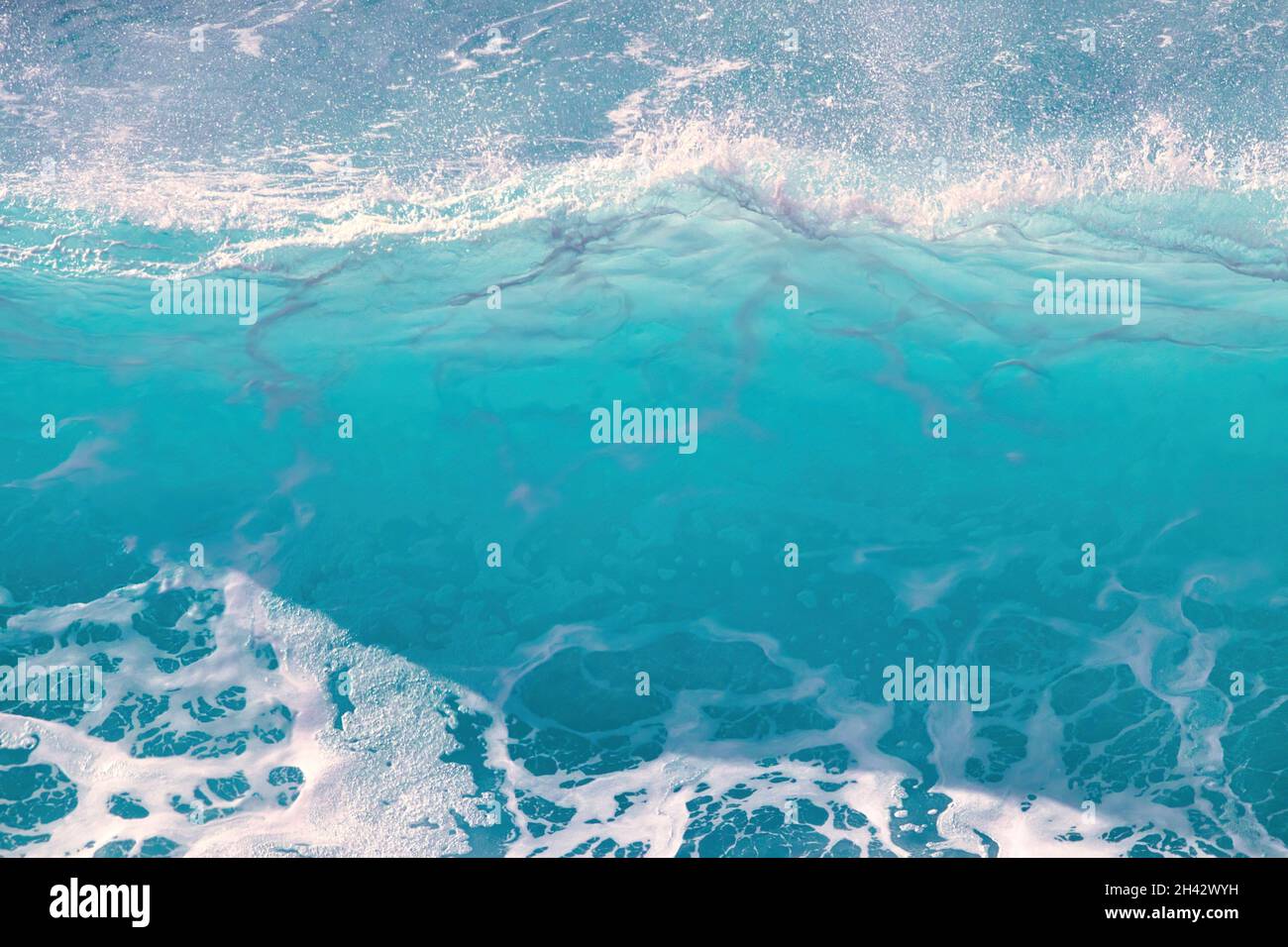 Unberührte, aquamarinfarbene Meereswelle, die bricht. Stockfoto