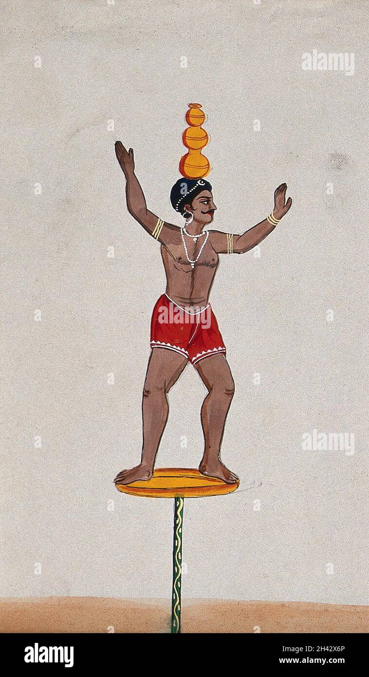 Ein Straßenkünstler, der auf einer Scheibe steht und drei Töpfe auf seinem Kopf ausbalanciert. Aquarell von einem indischen Künstler. Stockfoto