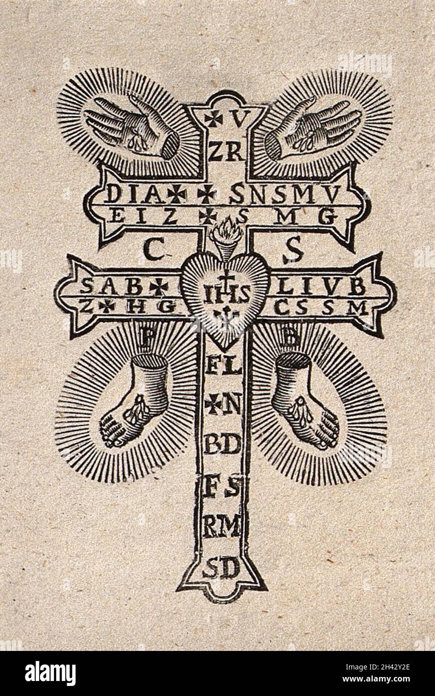 Das Heilige Kreuz mit den Wunden Christi, dient als Amulett gegen Plagen, Hexerei usw. Holzschnitt. Stockfoto