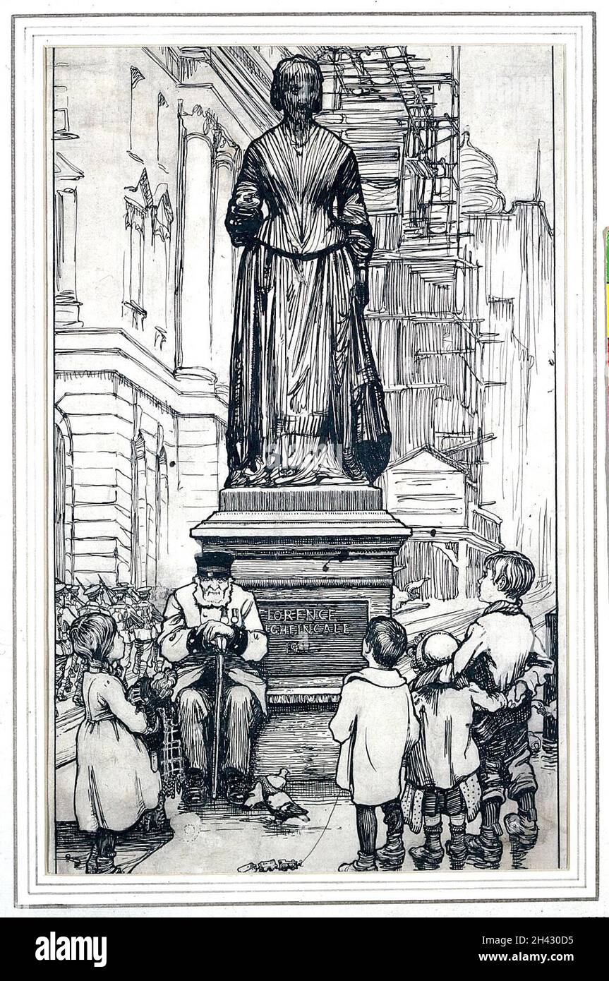 Die Statue der Florence Nightingale in Waterloo Place, Westminster, mit einem Veteran des Krimkrieges und Kindern. Zeichnung von John Byam Shaw. Stockfoto