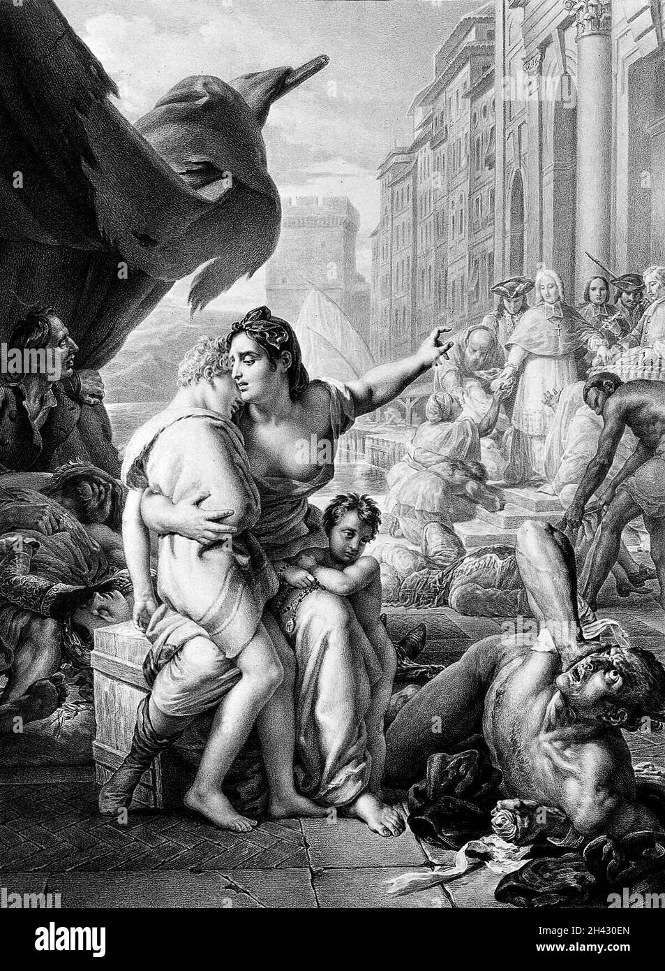 Allegorische weibliche Figur, die den Opfern der Pest von 1720 in Marseille hilft. Lithographie von H. Aubry-Lecomte, 1835, nach F. Gérard, 1834. Stockfoto