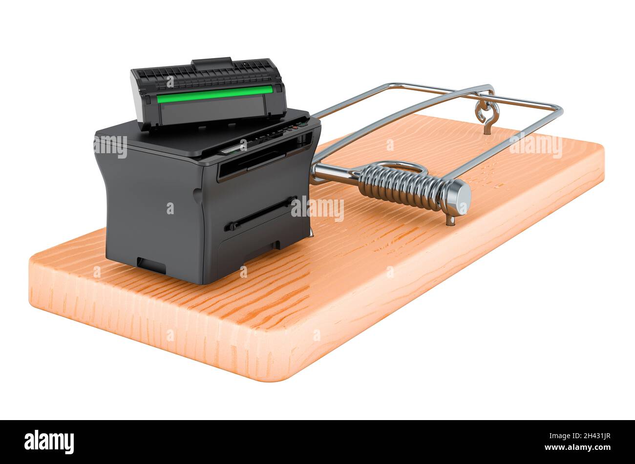 Multifunktions-Laserdrucker MFP im Mausefalle, 3D-Rendering isoliert auf weißem Hintergrund Stockfoto