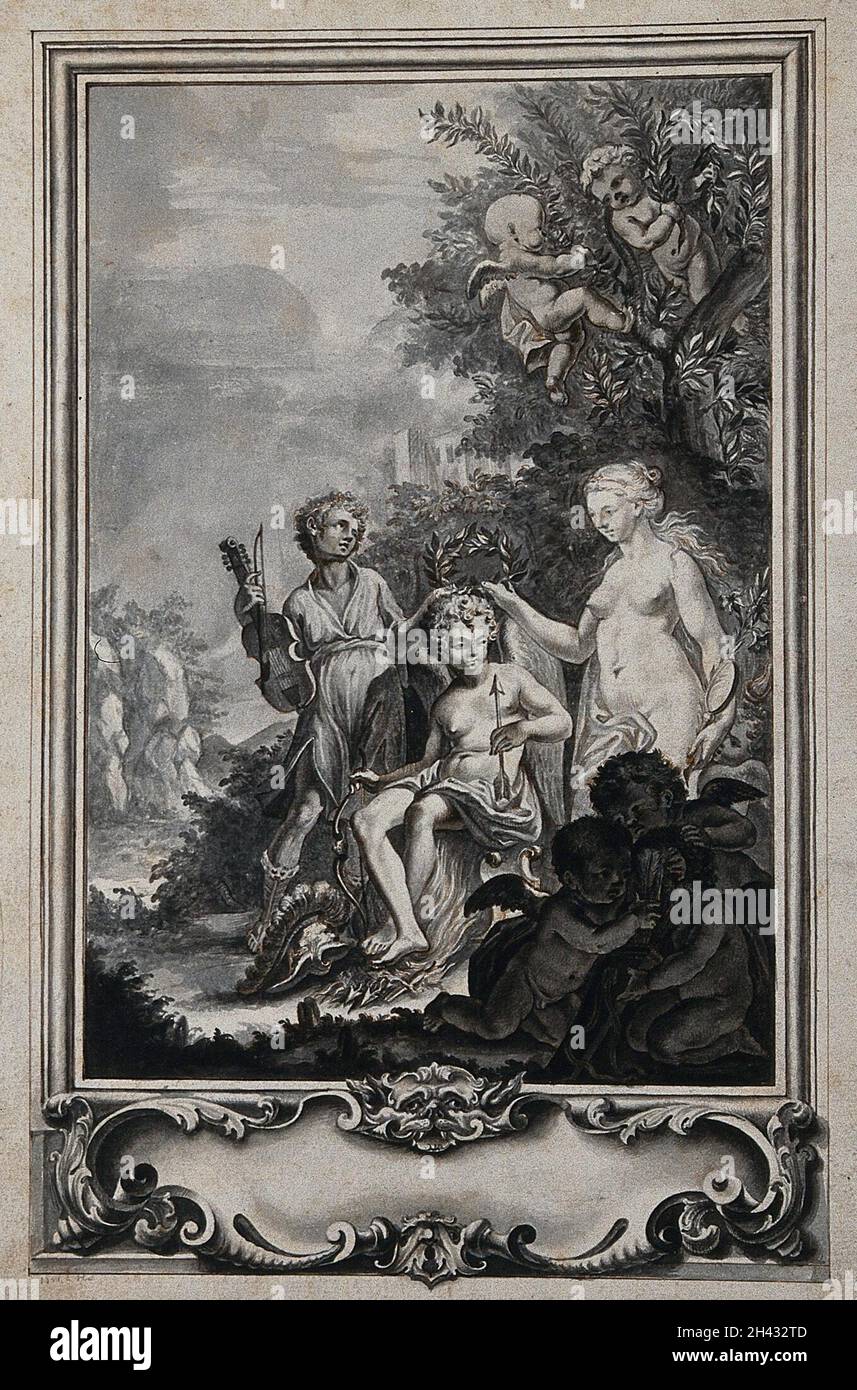 Eros (Amor), der einen Pfeil und Bogen hält, wird von seiner Mutter Aphrodite (Venus) mit Lorbeer gekrönt; zwei Putti schneiden Lorbeer-Äste und drei Putten spielen mit Pfeilen im Vordergrund; unten eine Rokoko-Kartusche. Tintenzeichnung. Stockfoto