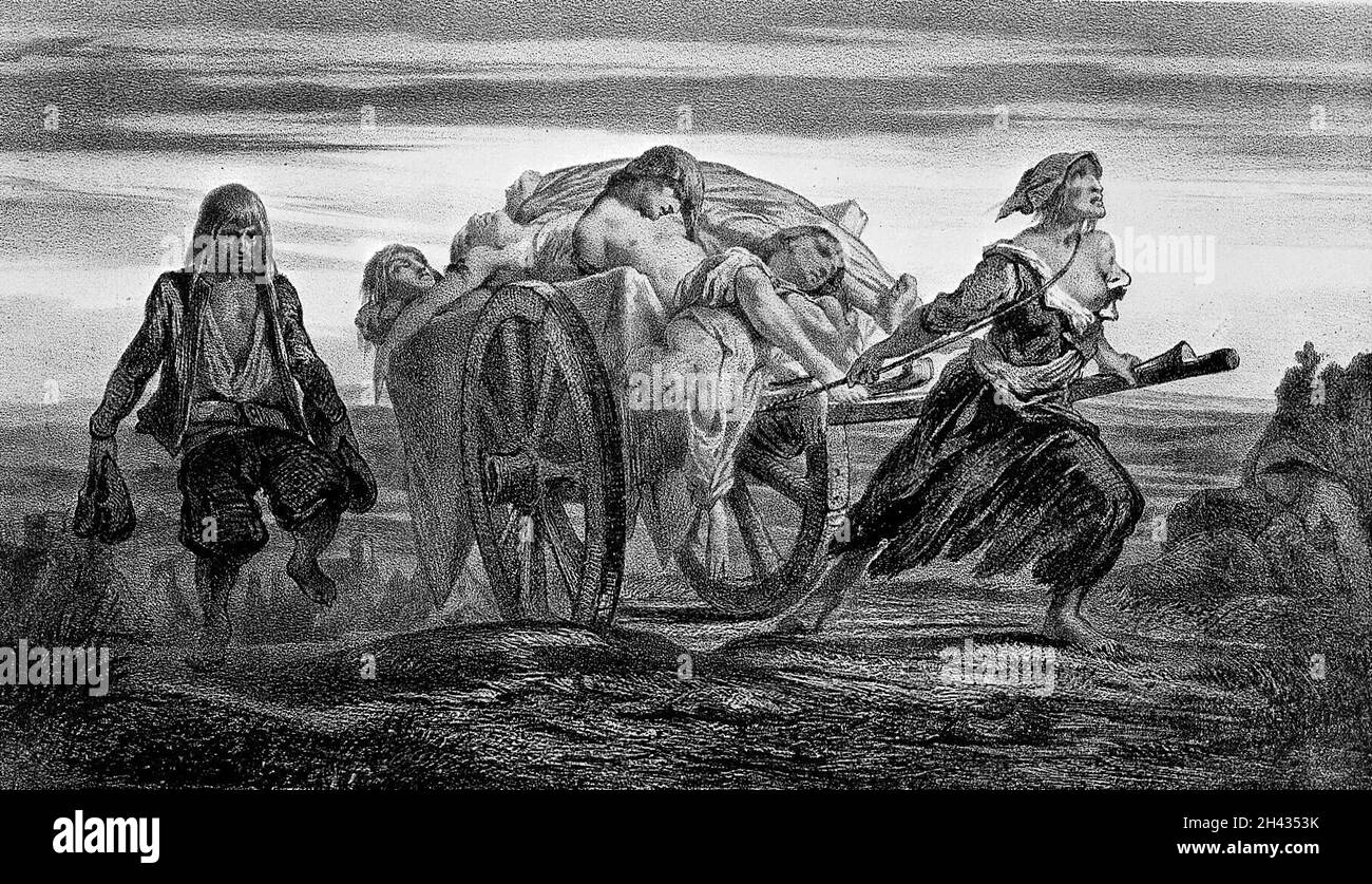 Ein Wagen von Pestopfern bei Elliant, der von einer Frau in Lumpen gezogen wurde. Lithographie von J. Moynet, 1852, nach L. Duveau. Stockfoto