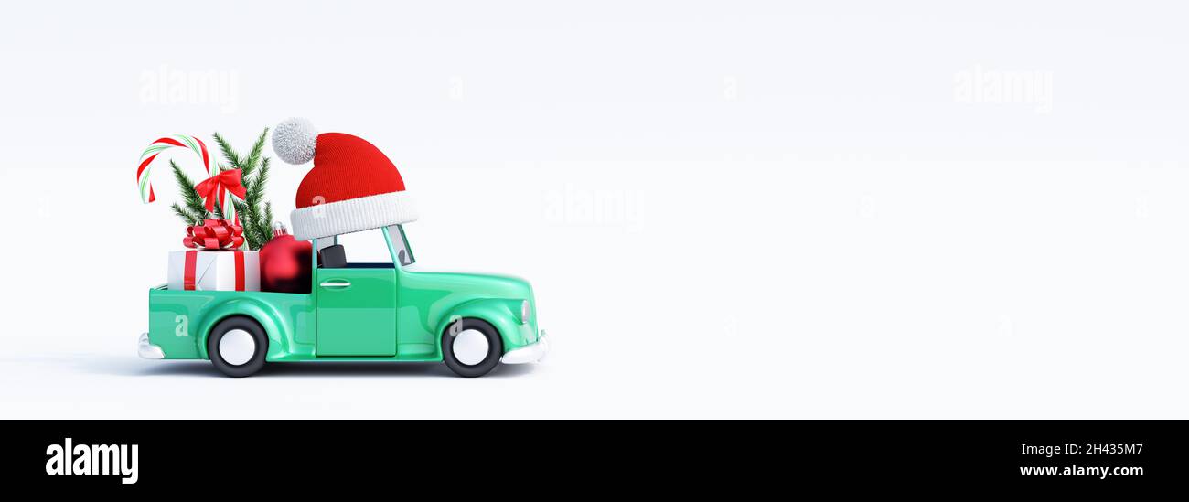 Nettes grünes Auto mit Weihnachtsmann Hut tragen Geschenk und Weihnachtsdekorationen auf weißem Hintergrund 3d Rendern 3d-Illustration Stockfoto