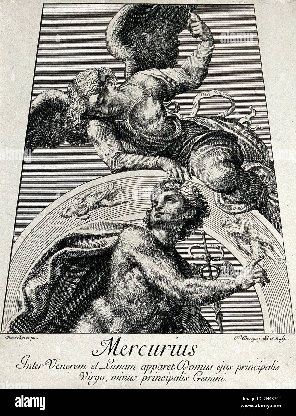 Astronomie: Merkur mit seinem geflügelten Kadukeus, der nach oben schaut, schaut ein Engel nach unten. Stich von N. Dorigny, 1695, nach Raphael, 1516. Stockfoto