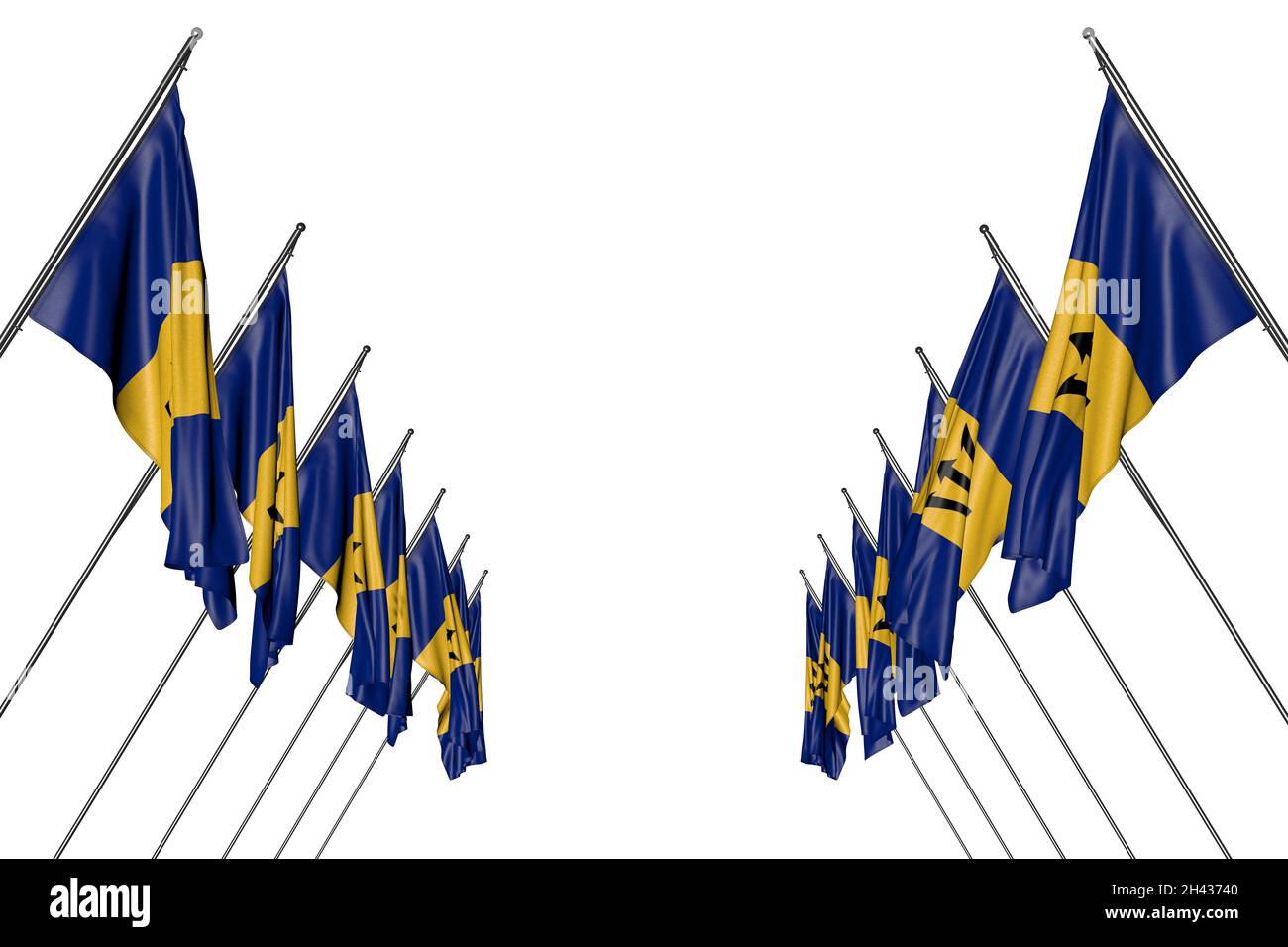 Schöne viele Barbados Flaggen hängen auf diagonalen Masten von links und rechts isoliert auf weiß - jede Urlaubsflagge 3d-Illustration Stockfoto