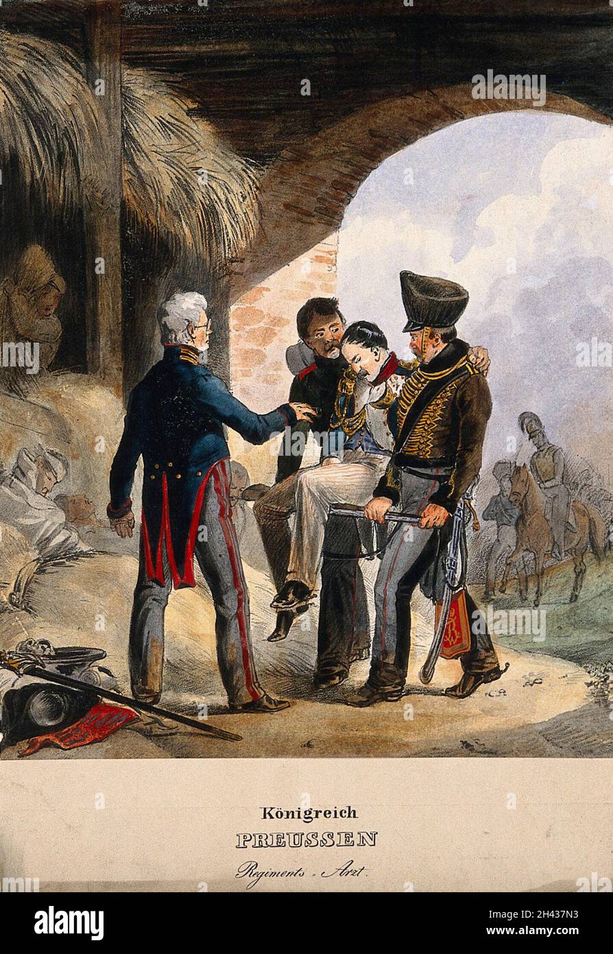 Zwei uniformierte deutsche Soldaten tragen ein Opfer eines Militärarztes, der in einer Scheune wartet. Farblithographie, c. 1870. Stockfoto