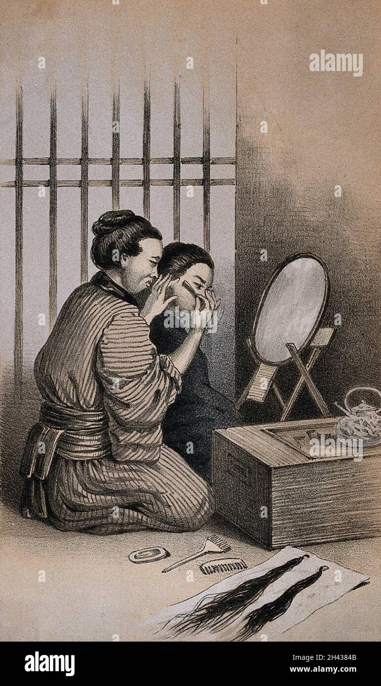 Zwei vor einem Spiegel knieende Figuren, eine rasiert das Gesicht der anderen. Lithographie nach C. Wirgman. Stockfoto Zwei vor einem Spiegel knieende Figuren, eine rasiert das Gesicht der anderen. Lithographie nach C. Wirgman. Stockfoto