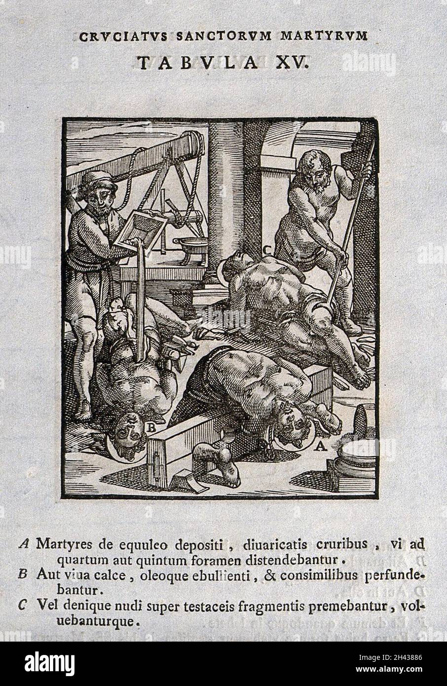 Martyrium von drei männlichen Heiligen mit verschiedenen Methoden. Holzschnitt. Stockfoto Martyrium von drei männlichen Heiligen mit verschiedenen Methoden. Holzschnitt. Stockfoto