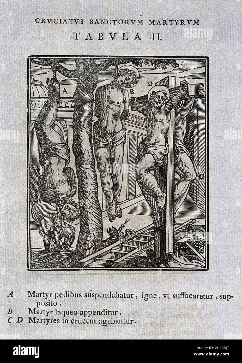 Martyrium von vier männlichen Heiligen, zwei durch Hängen und zwei durch Kreuzigung. Holzschnitt. Stockfoto Martyrium von vier männlichen Heiligen, zwei durch Hängen und zwei durch Kreuzigung. Holzschnitt. Stockfoto