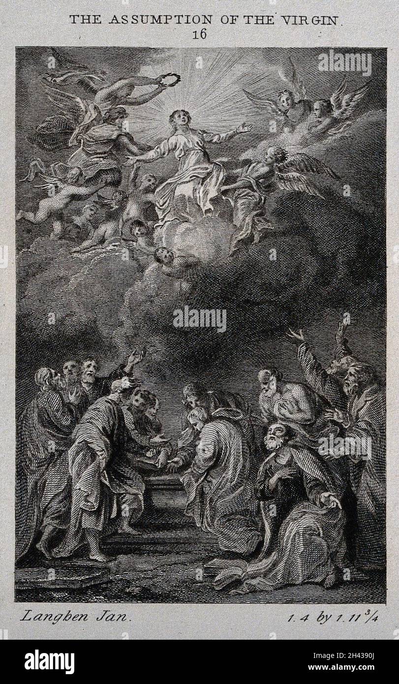 Die Apostel rund um das leere Grab beobachten die Himmelfahrt der Jungfrau. Stich nach J. Boeckhorst. Stockfoto