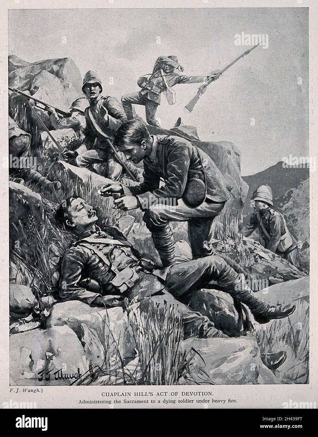 Burenkrieg: Ein Kaplan, der einem sterbenden Soldaten auf einem Schlachtfeld das Sakrament verabreicht. Halbton, c. 1900, nach F. J. Waugh. Stockfoto