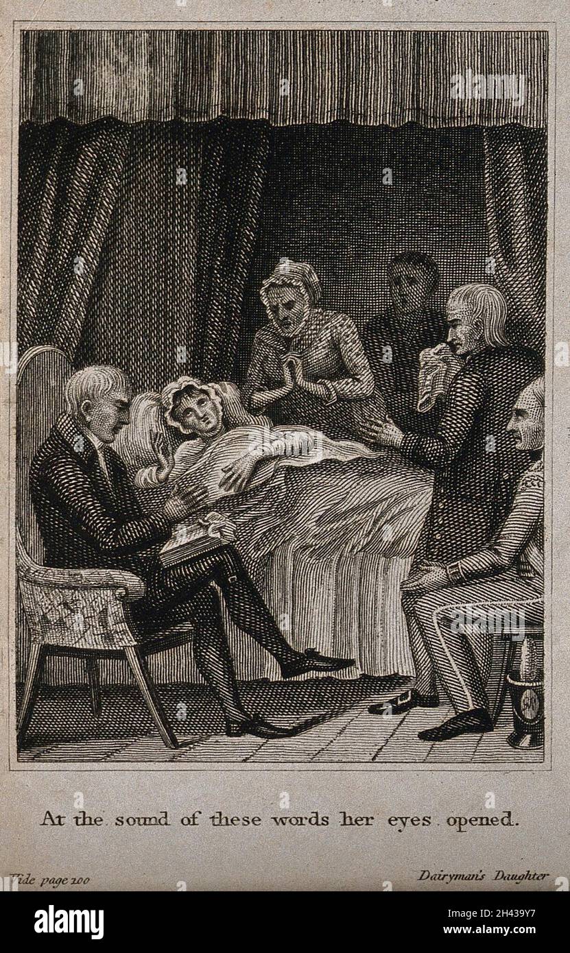 Eine junge Frau liegt im Sterben in ihrem Bett, umgeben von einer trauernden Familie. Liniengravur. Stockfoto