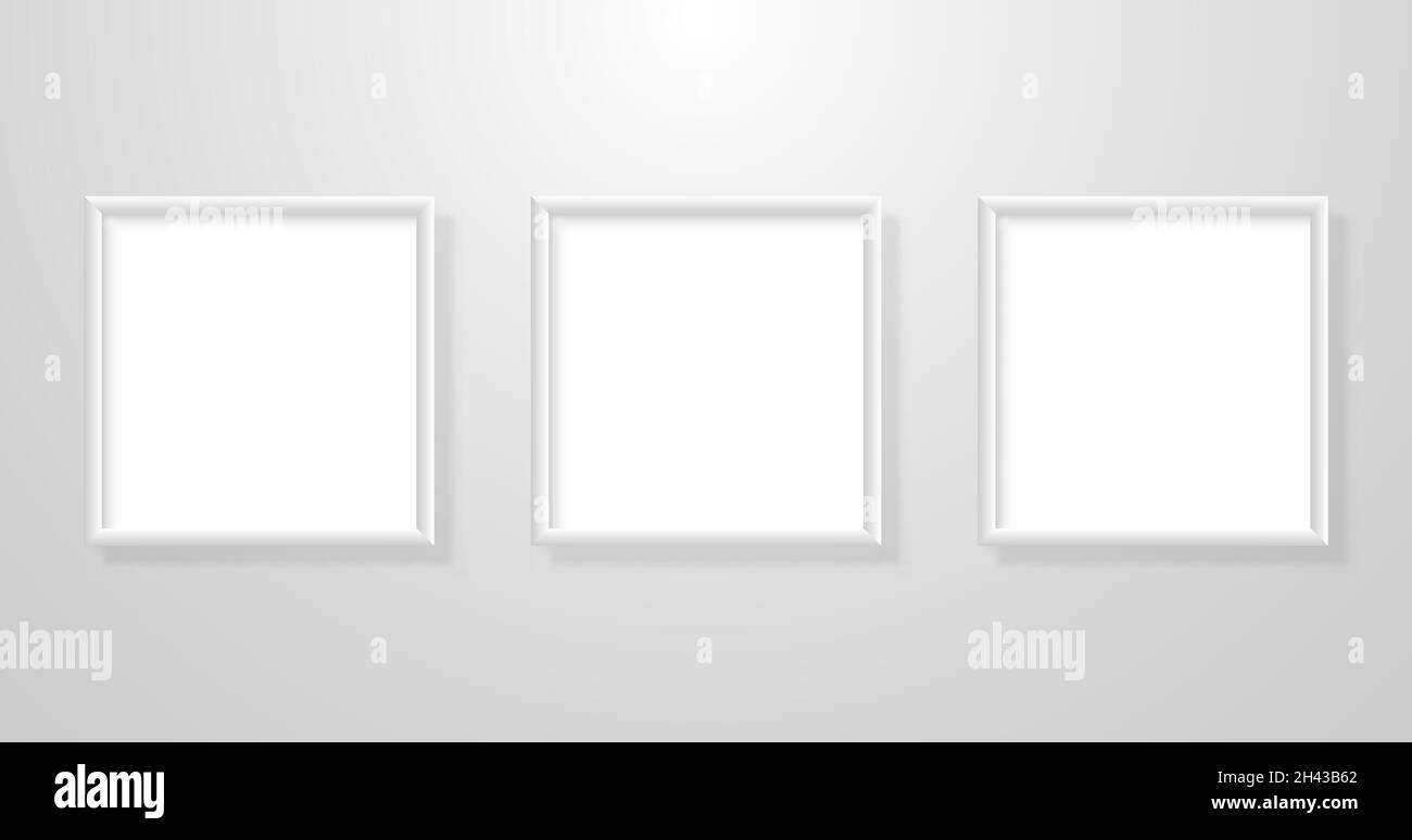 Anstrich Nachbau drei. Realistische Bilderrahmen mit Schatten. Bilder leeres Set, das an der weißen Wand hängt. Kollektion mit quadratischen Lichtrahmen. Vektor Stock Vektor