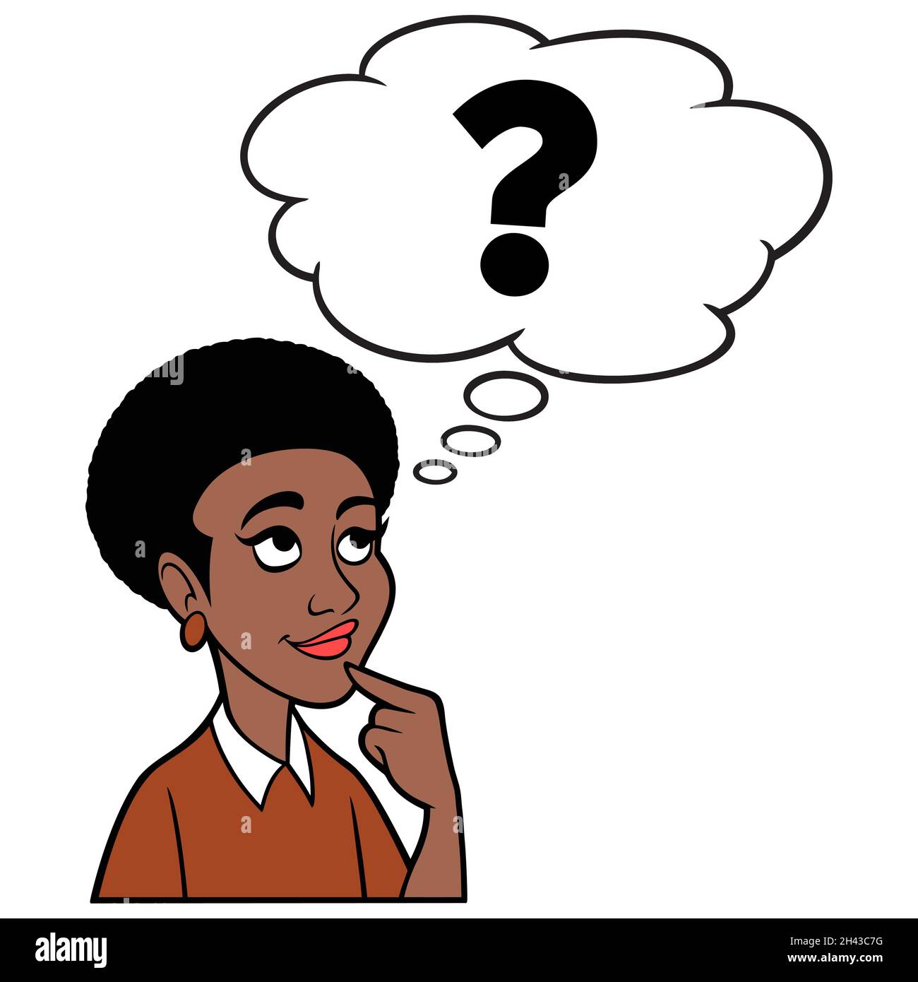 Woman Thinking about Questions - Eine Cartoon-Illustration einer Frau, die an ein paar Fragen denkt. Stock Vektor