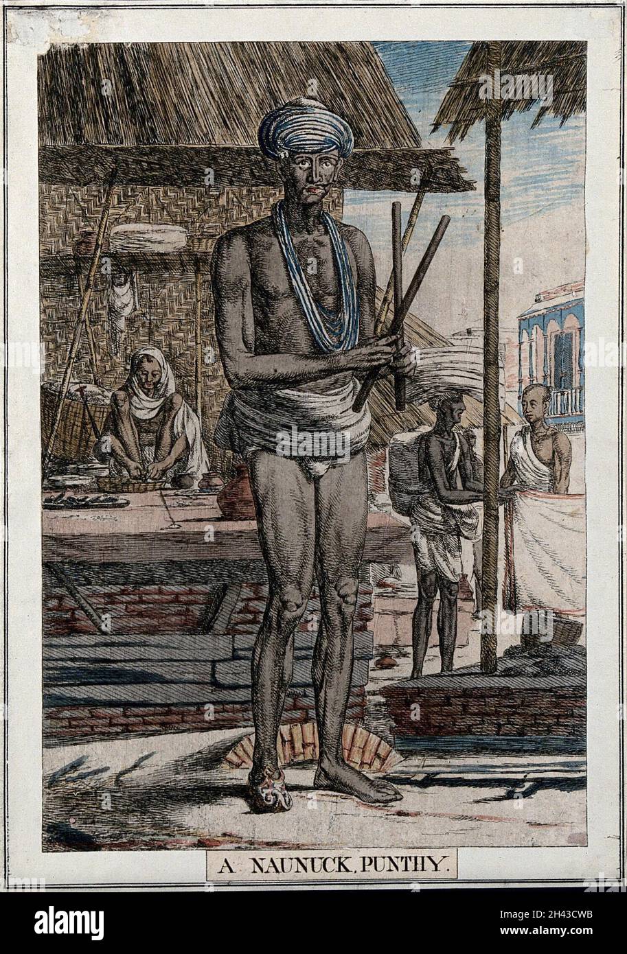 Hindu-Fakir mit einem Schuh und einem halben Schnurrbart, Kalkutta. Farbige Radierung von Francois Balthazar Solvyns, 1799. Stockfoto
