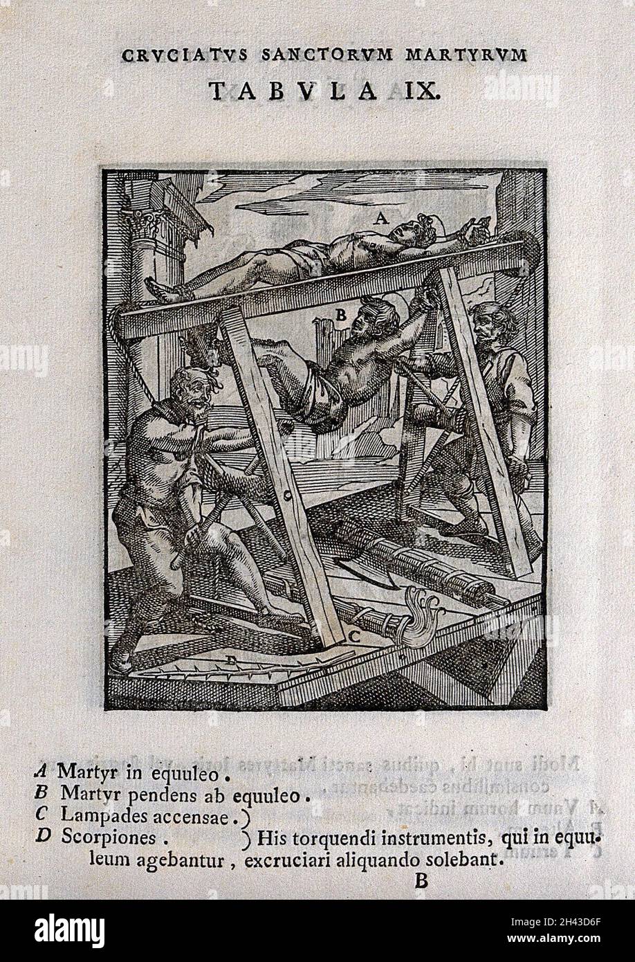 Das Martyrium zweier männlicher Heiliger, die mit Flammen unten an das Regal gebunden sind. Holzschnitt. Stockfoto Das Martyrium zweier männlicher Heiliger, die mit Flammen unten an das Regal gebunden sind. Holzschnitt. Stockfoto
