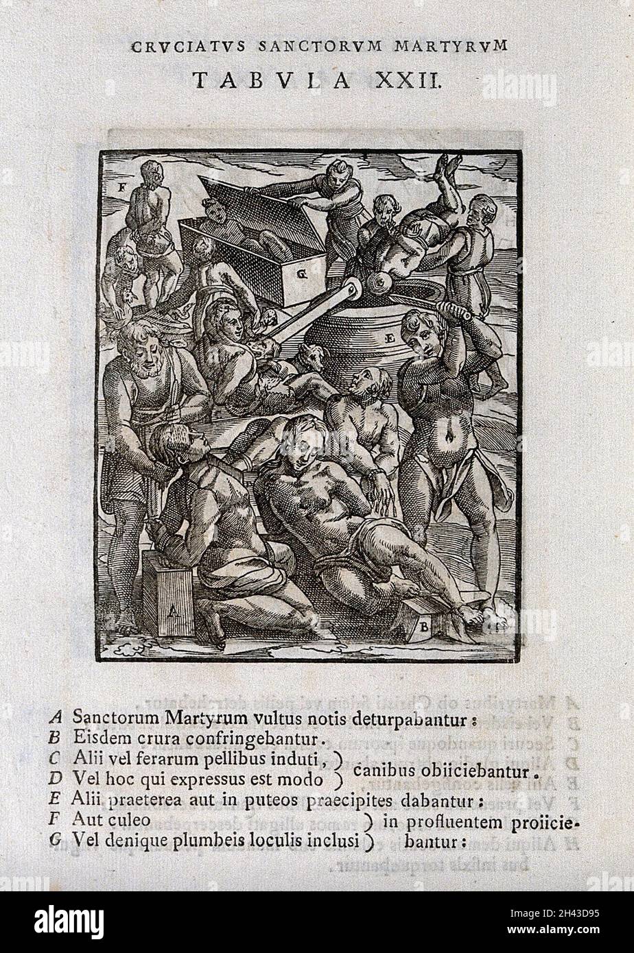 Martyrium männlicher Figuren durch verschiedene Methoden. Holzschnitt. Stockfoto Martyrium männlicher Figuren durch verschiedene Methoden. Holzschnitt. Stockfoto