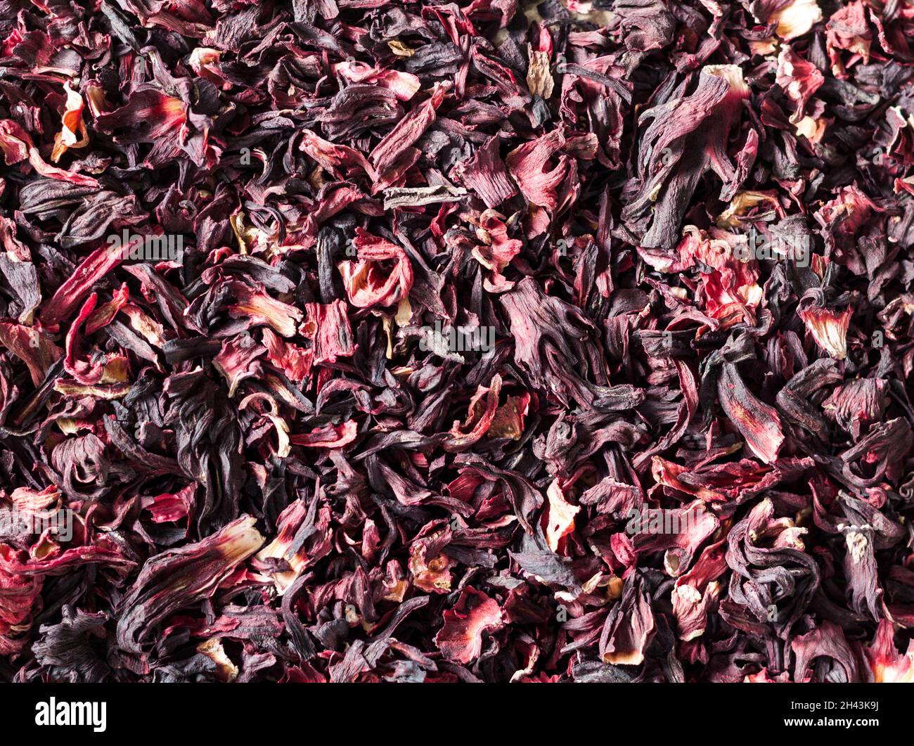 Hibiskus-Tee Hintergrund, Nahaufnahme. Flach liegend, Draufsicht. Stockfoto