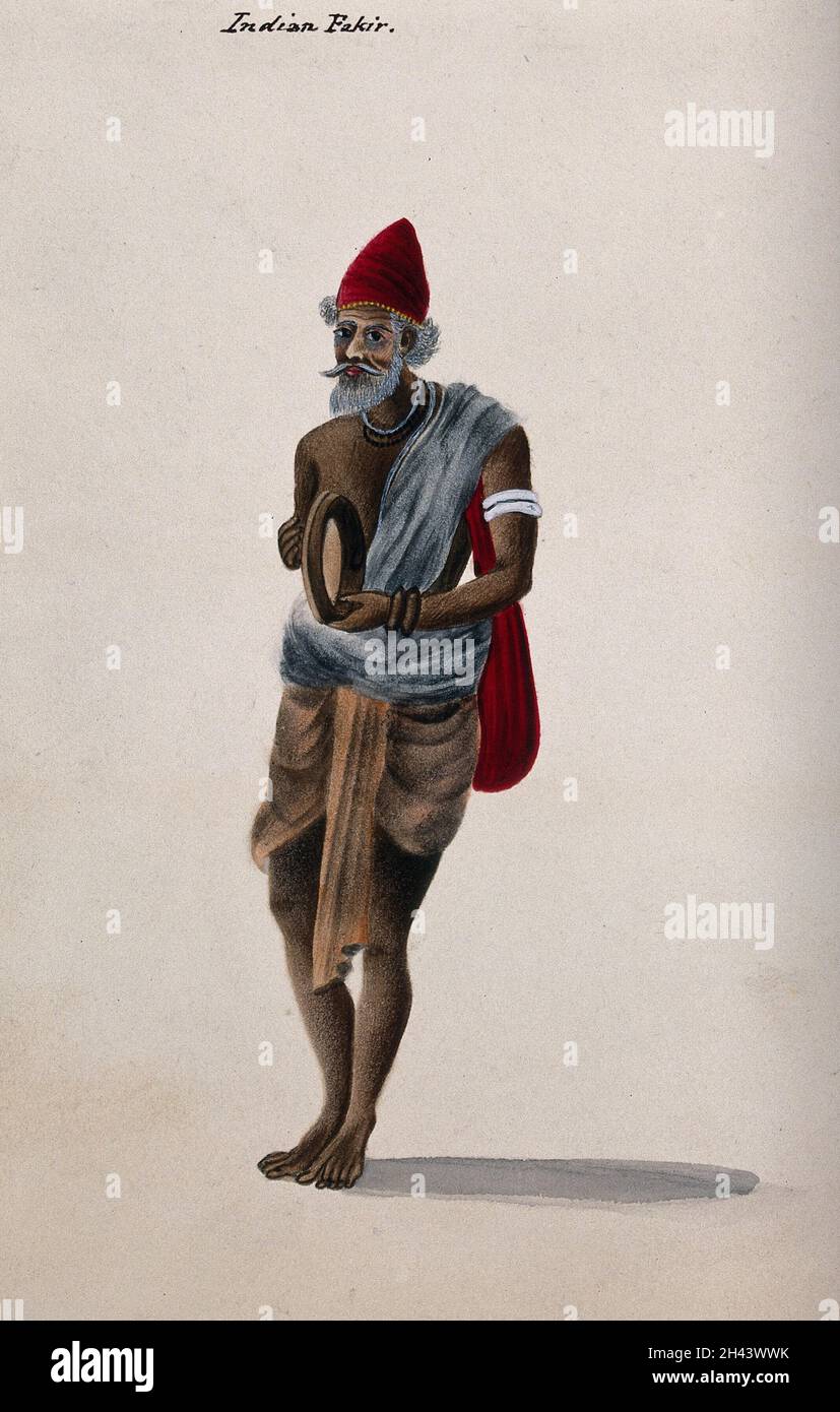 Ein hinduistischer asketischer oder heiliger Mann: Stehen, Tamburin spielen. Aquarell, ca. 1880 (?). Stockfoto