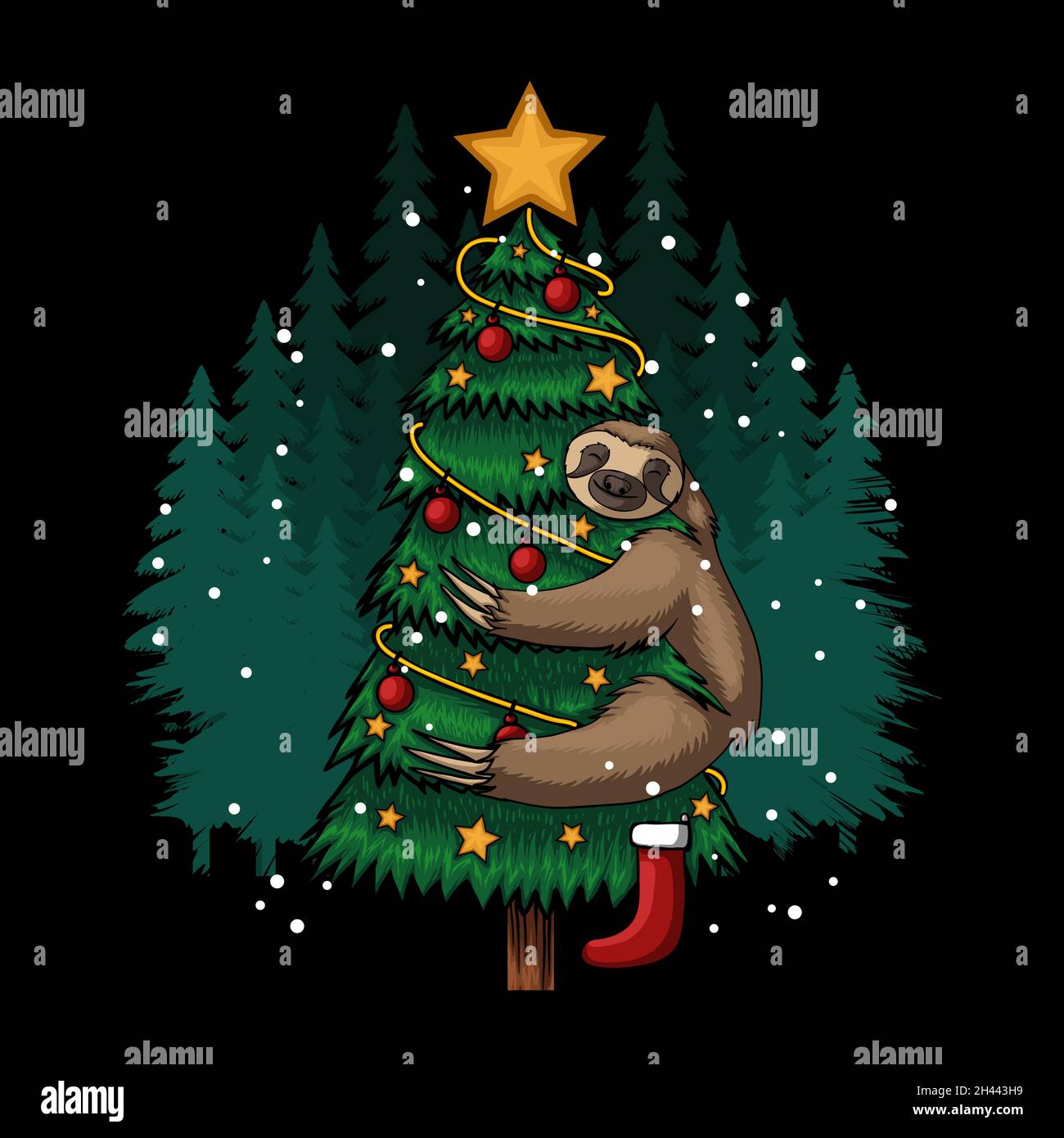 Faultier umarmt Baum fröhlich weihnachten Vektor-Illustration Stock Vektor