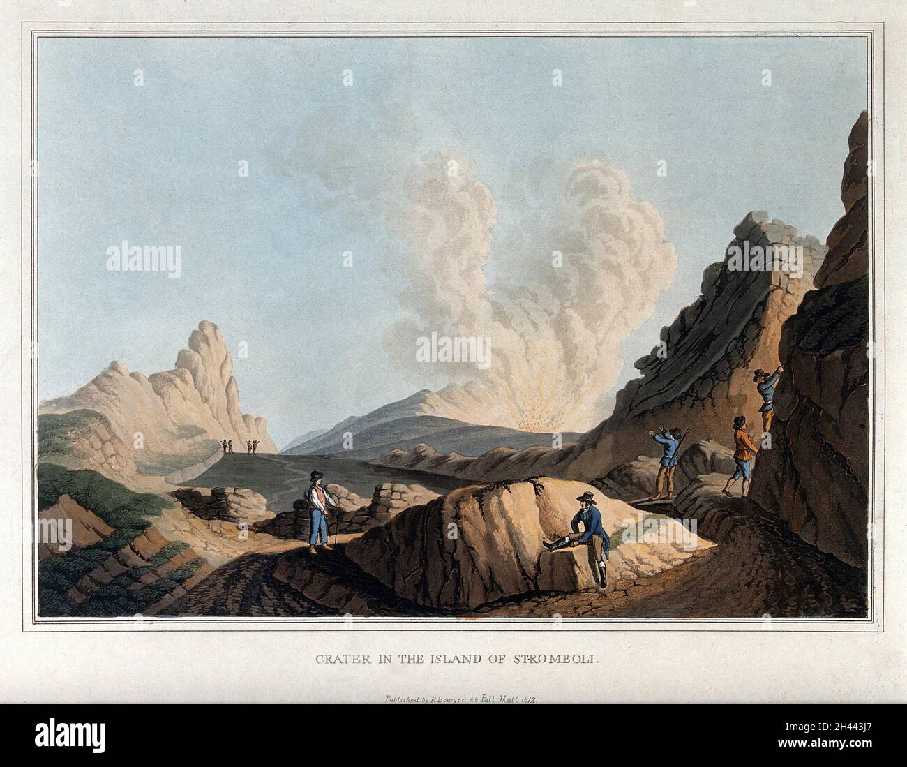 Ein Vulkankrater auf der Insel Stromboli. Farbiger Aquatinta, 1812, nach Luigi Mayer. Stockfoto