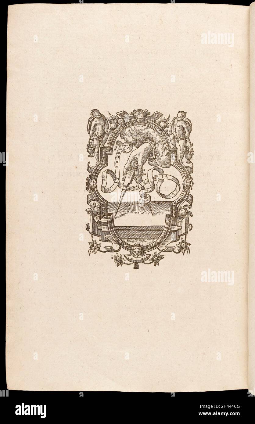 Druckergerät auf der letzten Seite von Dodoens' 'Stirpivm historiae..' Stockfoto