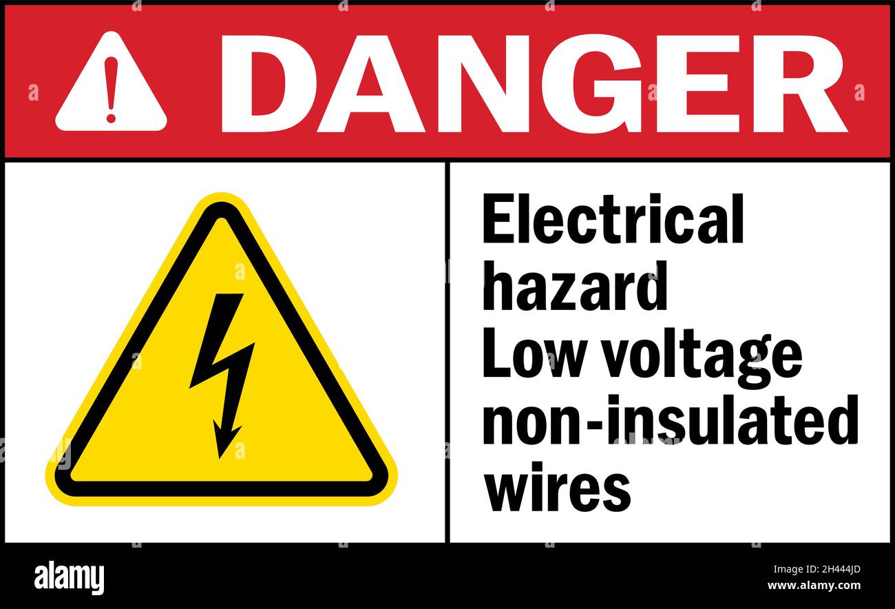Warnschild für nicht isolierte Niederspannungs-Kabel für elektrische Gefahren. Sicherheitsschilder und -Symbole. Stock Vektor