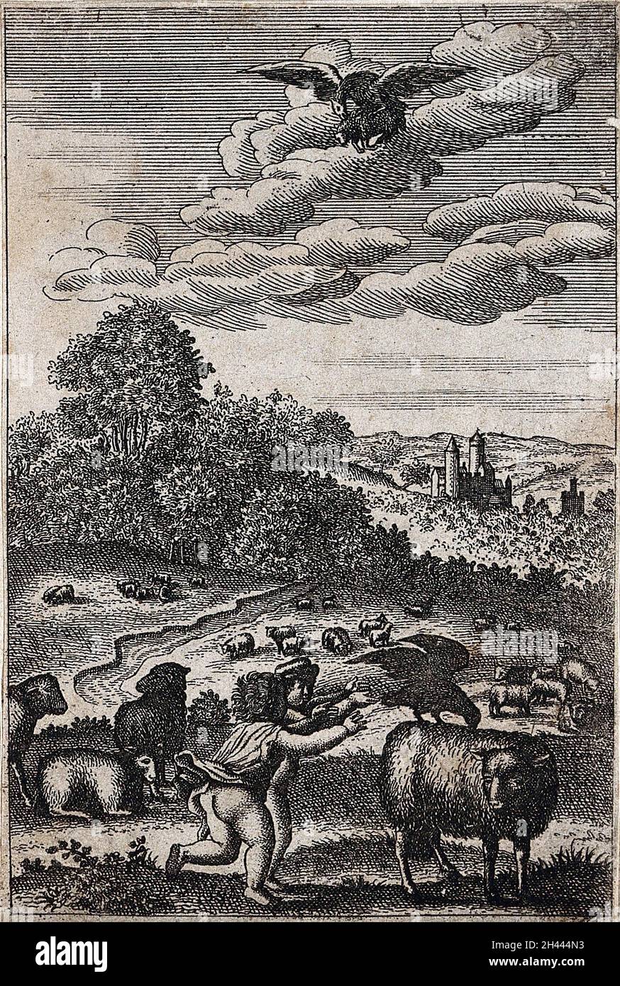 Zwei Kinder laufen mit einer Krähe auf dem Rücken auf ein Schaf zu, während ein Adler oben am Himmel ein Lamm in seinen Krallen trägt; Illustration einer Fabel von Aesop. Ätzen. Stockfoto