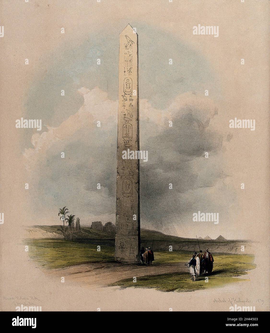 Obelisk bei Heliopolis, in der Bibel bekannt als On, Ägypten. Kolorierte Lithographie von Louis Haghe nach David Roberts, 1848. Stockfoto