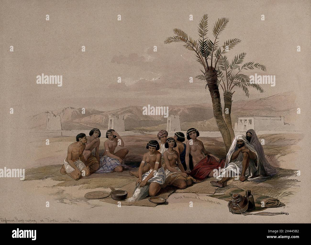 Männliche und weibliche äthiopische Sklaven ruhen, Korti, Sudan. Kolorierte Lithographie von Louis Haghe nach David Roberts, 1846. Stockfoto