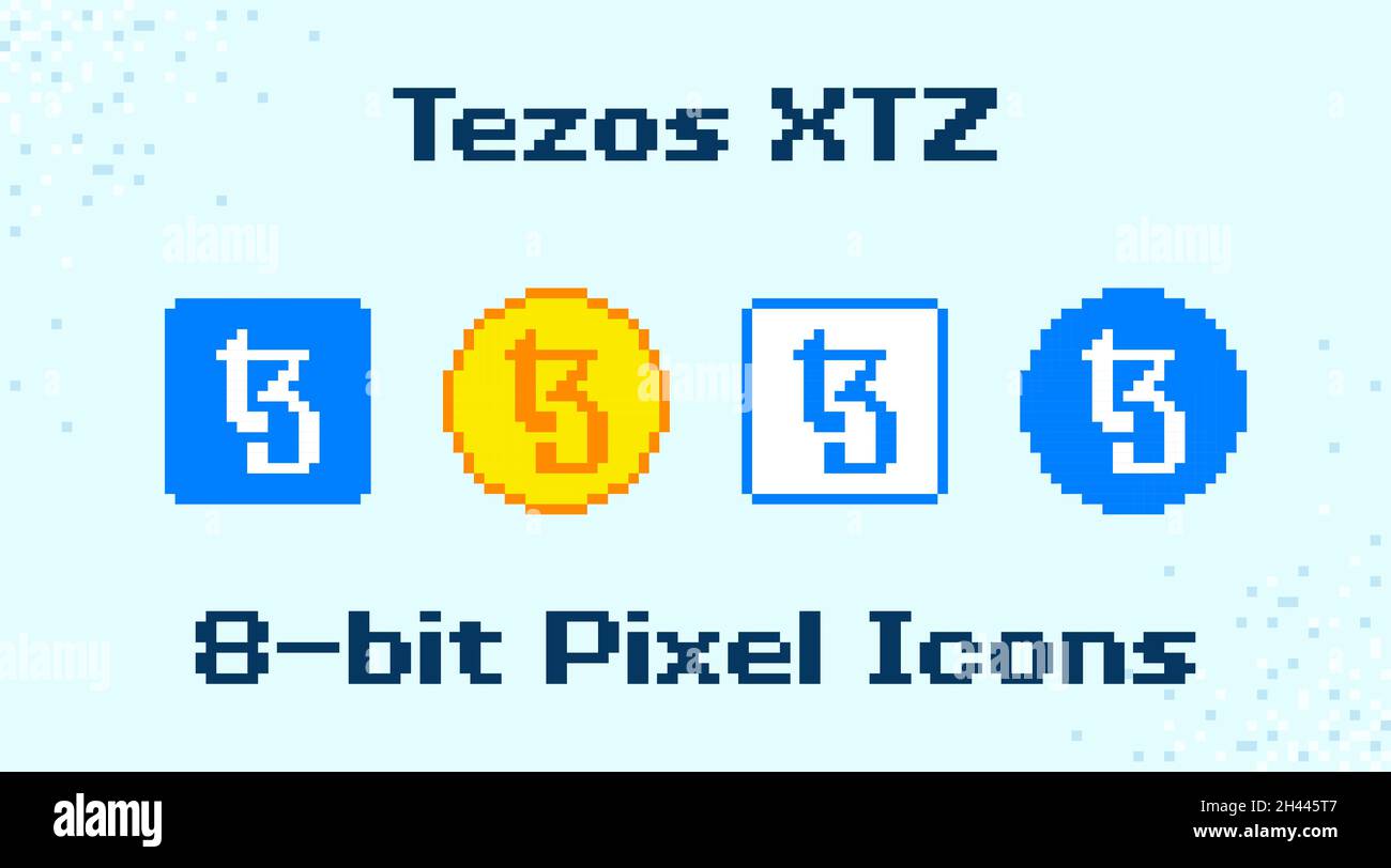 8-Bit-XTZ-Krypto-Assets im Vektorformat. Tezos Pixel Art Icon Set. Stock Vektor
