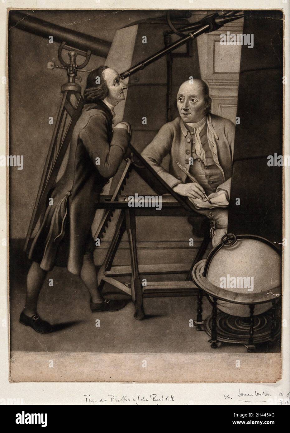 Astronomie: Thomas Phelps (links) und John Bartlett bei astronomischen Beobachtungen im Observatorium des Earl of Macclesfield, Oxfordshire. Mezzotint von J. Watson, 1778. Stockfoto