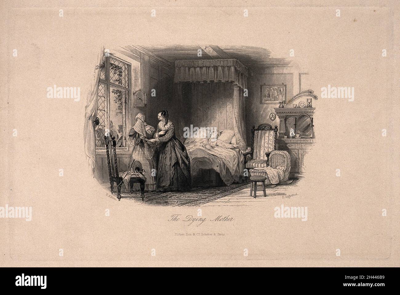 Eine sterbende Frau liegt im Bett: Eine Frau am Bett wird von einer anderen getröstet. Linienstich von F. Lightfoot nach T. Allom. Stockfoto