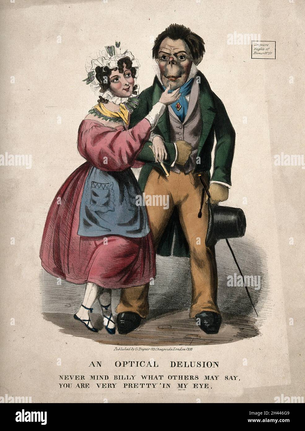Eine attraktive Frau umwerben, einem seltsam aussehenden Mann; was darauf hindeutet, dass die Schönheit liegt im Auge des Betrachters. Farbige Lithographie, 1833. Stockfoto