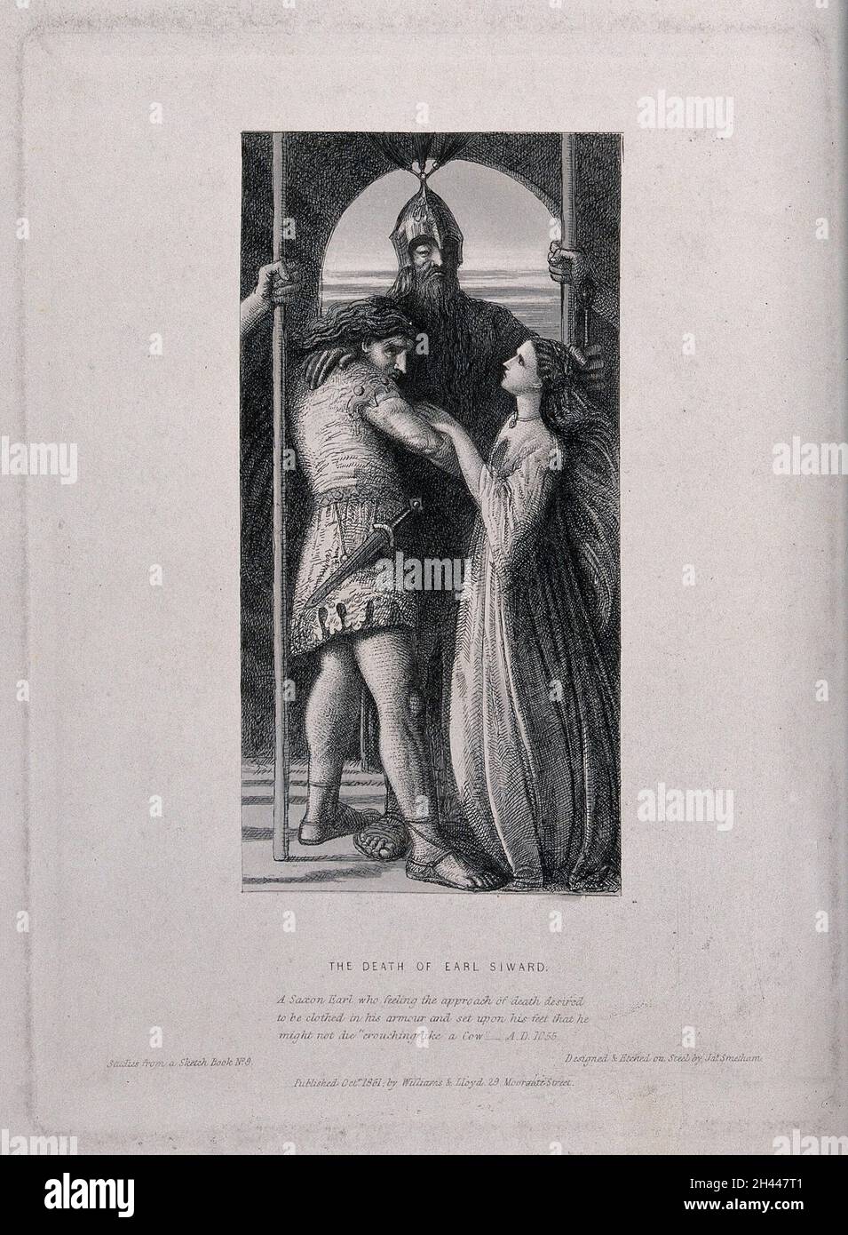 Der sterbende Earl Siward in Rüstung umarmt einen jungen Mann und eine junge Frau. Radierung von James Smetham, 1861. Stockfoto