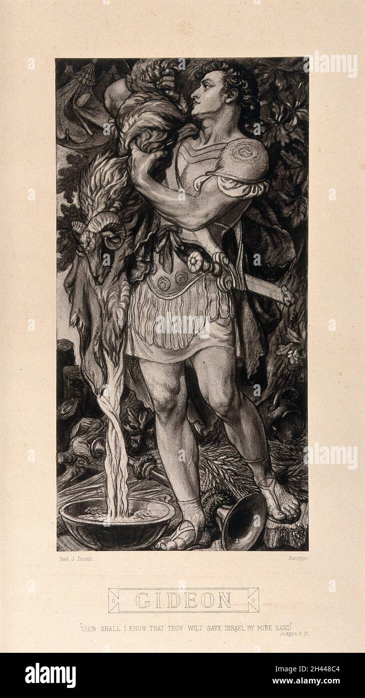 Gideon, der biblische Richter, wrings das taue Vlies. Autotyp nach F.J. Schilde, 1877. Stockfoto