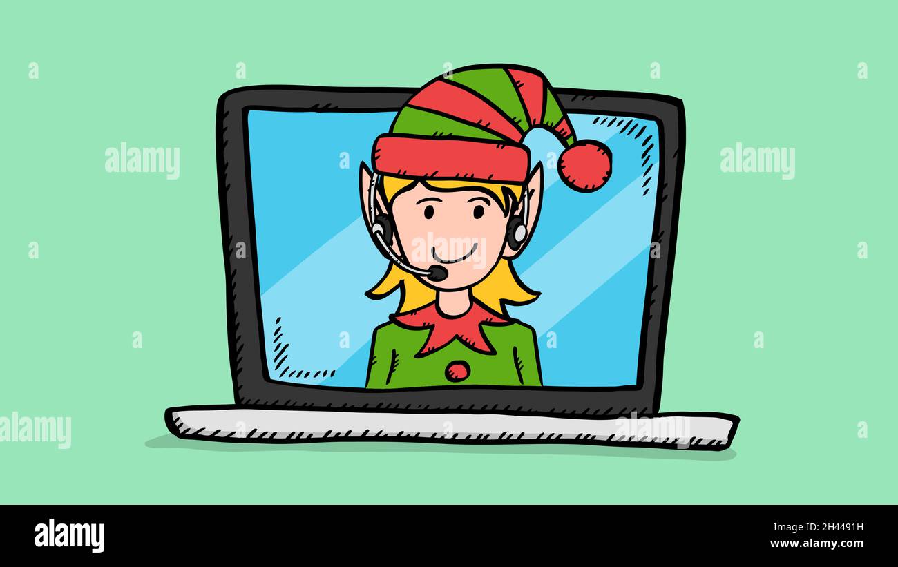 Hand zeichnen Vektor-Doodle von Elf Mädchen mit Kopfhörern auf Laptop-Bildschirm. Farbenfrohe Illustration im Sketch-Stil des Kundendiensts. Stock Vektor