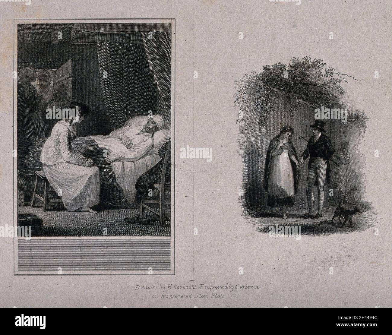 Eine Frau, die am Bett eines sterbenden Mannes sitzt. Stich von C. Warren nach H. Corbould. Stockfoto